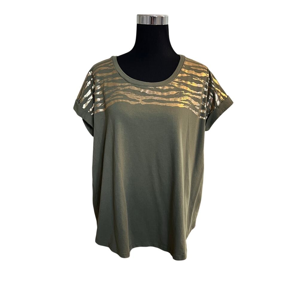 C+P Womens Green Short Sleeve Foil Print Top Size 1X